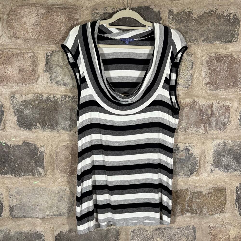 Vivienne Tam‎ Cowl Neck Tank Woman's XL Striped Black White Gray Raw Hem Coastal